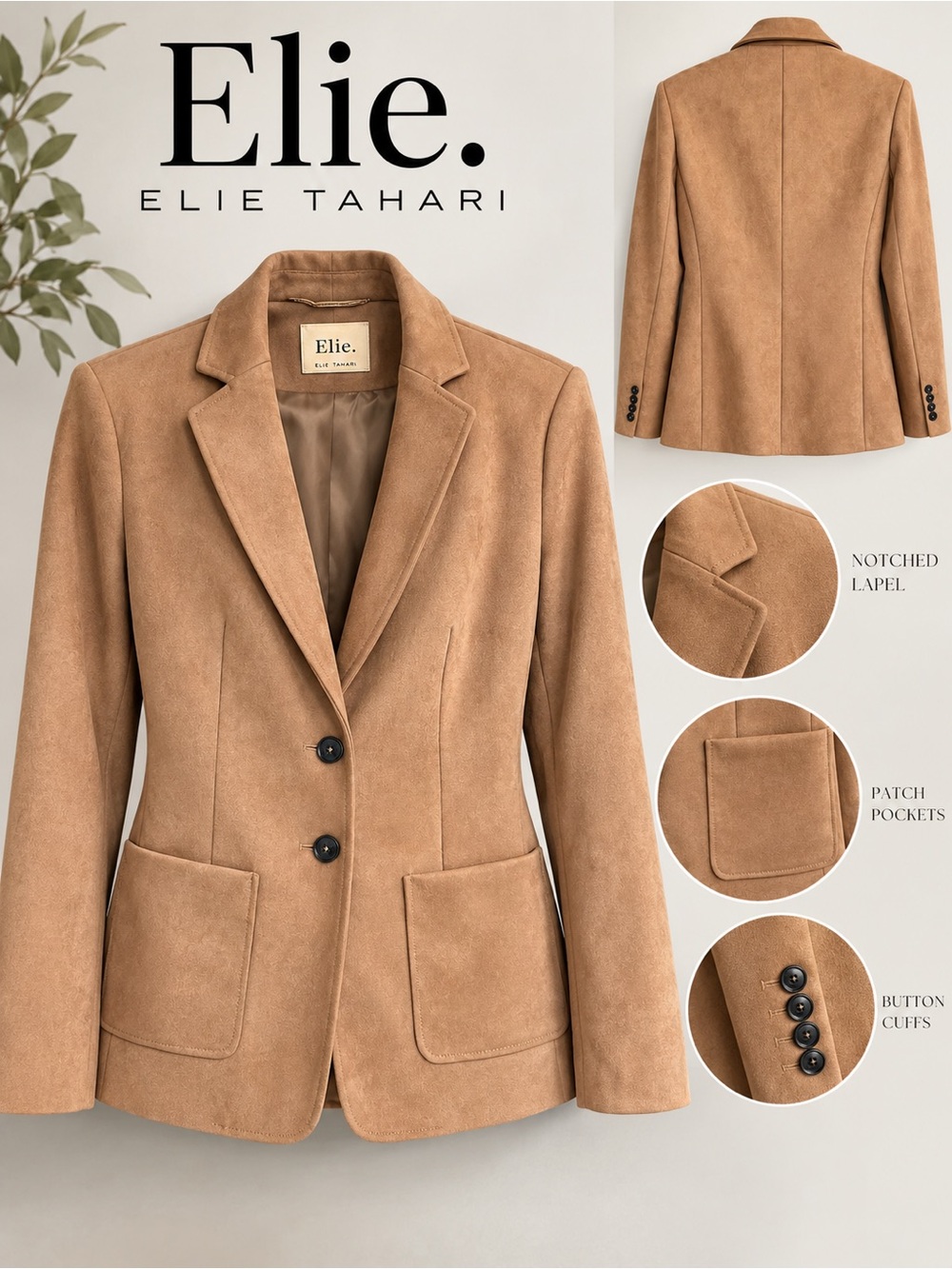 Elie Tahari Elie Faux Suede Blazer Tan Camel Brown Jacket Estimated Size 10